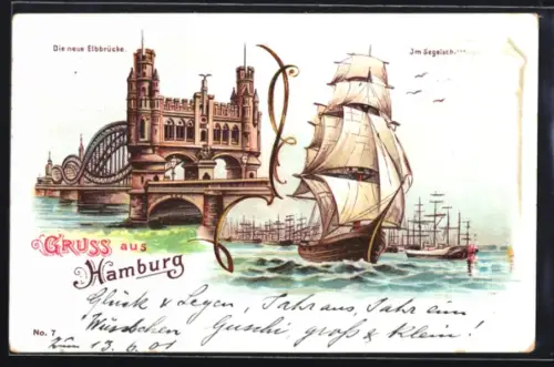 Lithographie Hamburg-Rothenburgsort, Neue Elbbrücke, Segelschiffe