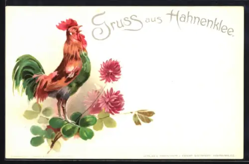 Lithographie Hahnenklee, Hahn und blühender Klee