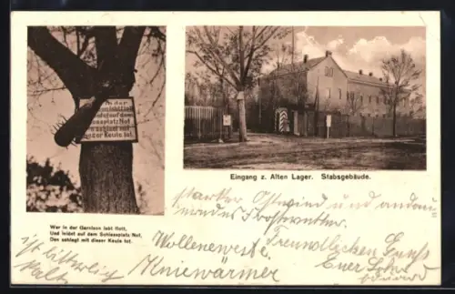 AK Jüterbog, Eingang zum Alten Lager, Stabsgebäude, Warnschild