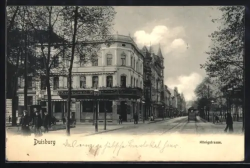 AK Duisburg, Königstrasse, Strassenszene mit Restaurant und Strassenbahn