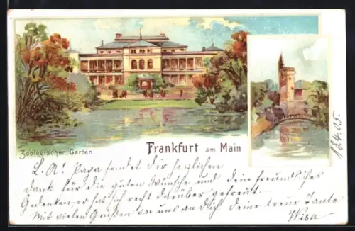 Lithographie Frankfurt-Ostend, Zoologischer Garten, Turmansicht