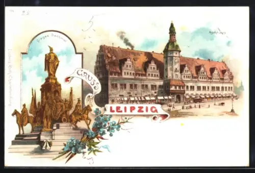 Lithographie Leipzig, Rathaus u. Sieges-Denkmal