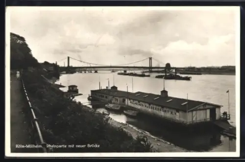 AK Köln-Mülheim, Rheinpartie mit neuer Brücke, Bootshäuser Kölner Wassersport e. V.