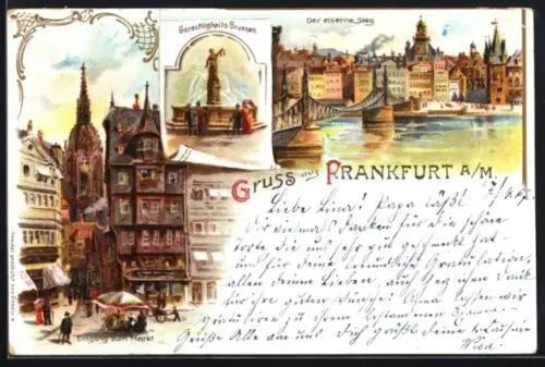 Lithographie Alt-Frankfurt, Gerechtigkeitsbrunnen, Eiserner Steg, Eingang zum Markt