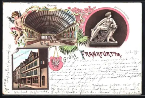 Lithographie Alt-Frankfurt, Kaisersaal, Goethes Geburtshaus, Wappen