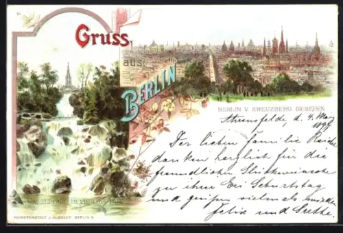 Lithographie Berlin-Kreuzberg, Ortsansicht v. Kreuzberg aus, Viktoriapark-Wasserfall