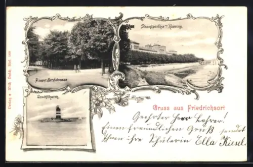 AK Friedrichsort, Strandpartie u. Kaserne, Prieser-Sandstrasse, Leuchtturm