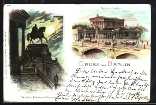 Lithographie Berlin, Nationalgalerie, Friedrichsbrücke, Denkmal Friedrich Wilhelm