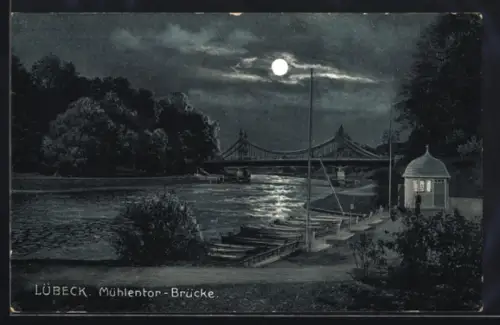 AK Lübeck, Mühlentor-Brücke bei Vollmond