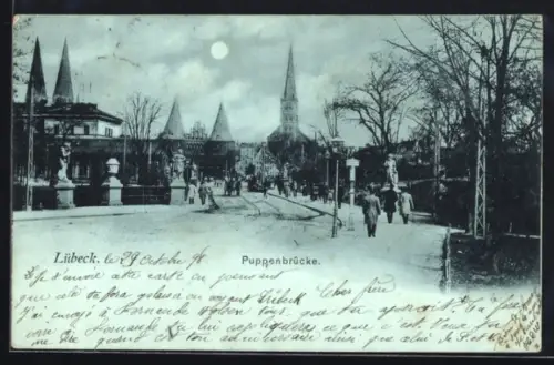 Mondschein-AK Lübeck, Puppenbrücke, Panorama mit Holstentor