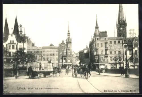 AK Lübeck, Blick auf die Holstenstrasse, Panorama mit Türmen