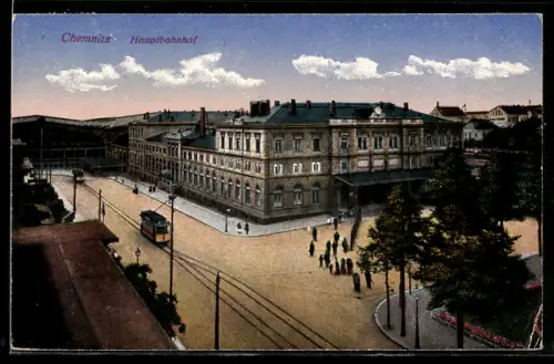 AK Chemnitz, Hauptbahnhof mit Strassenbahnen