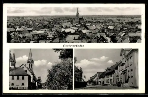 AK Sinzheim /Baden, Teilansicht, Kirche, Strassenpartie