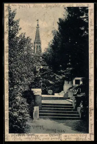 AK Bühl /Baden, Stadtgartenpartie mit Treppe, Kirche