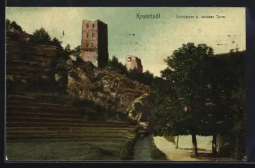 AK Kronstadt, Schwarzer und weisser Turm mit Umgebung