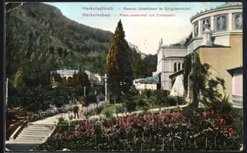 AK Herkulesbad, Franz-Josefs-Hof und Curhausteil mit Gartenanlagen