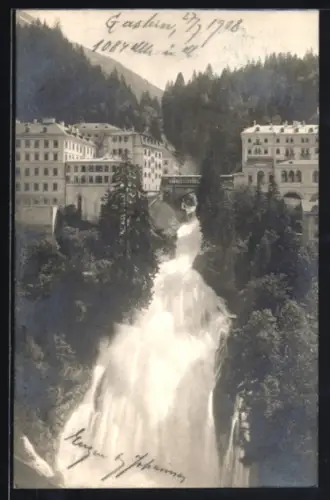 AK Badgastein, Wasserfall mit Hotels und Brücke