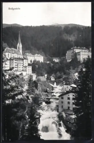 AK Badgastein, Teilansicht mit Kirche und Wasserfall