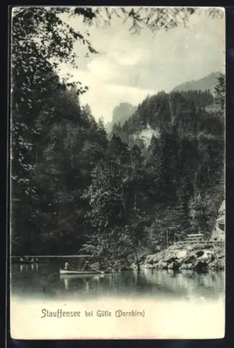 AK Dornbirn, Gütle, Stauffensee mit Ruderboot und Gebirgspanorama