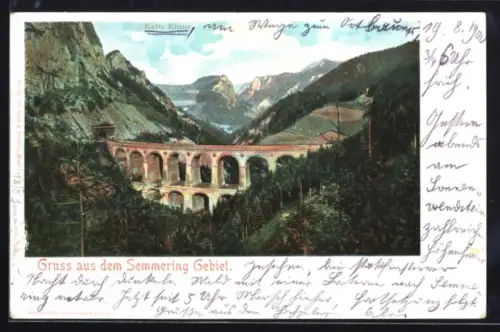 AK Semmering, Kalte Rinne, Eisenbahnviadukt mit Bergpanorama