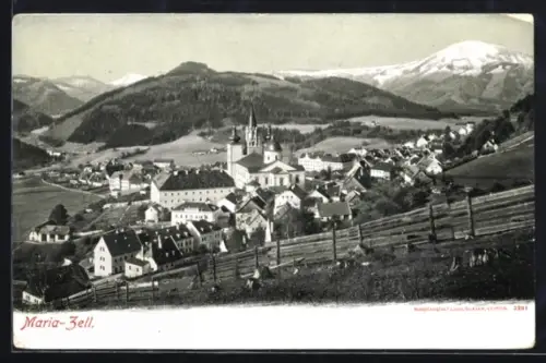 AK Maria-Zell, Basilika und Ortsansicht mit Bergpanorama
