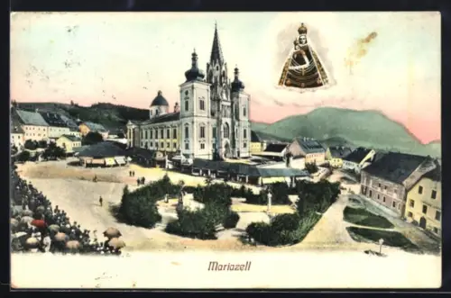 AK Mariazell, Basilika und Hauptplatz, Gnadenbild