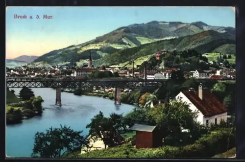 AK Bruck a. d. Mur, Panorama mit Murbrücke, Stadtsilhouette und Kirche