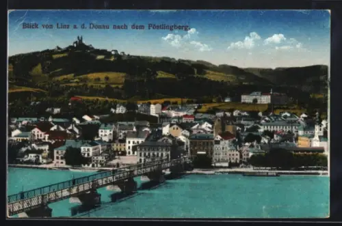 AK Linz a. d. Donau, Panorama mit Pöstlingberg und Donaubrücke
