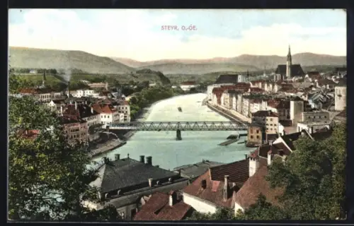 AK Steyr /O.Ö., Ortspanorama mit Fluss, Brücke, Kirche