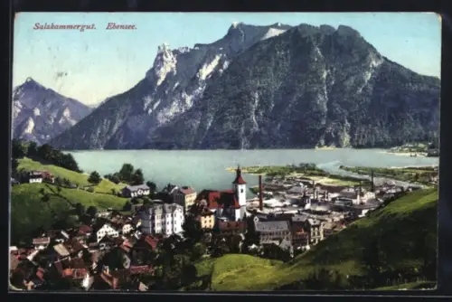 AK Ebensee /Salzkammergut, Panorama mit Ort, See und Gebirgspanorama