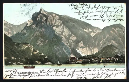 AK Traunkirchen, Ortsansicht am See mit Bergpanorama