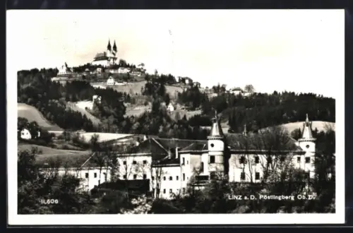AK Linz a. D., Pöstlingberg, Kirche auf dem Berg, Schloss im Vordergrund