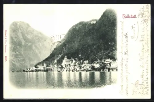 AK Hallstatt, Panorama mit See, Kirche und Bergen