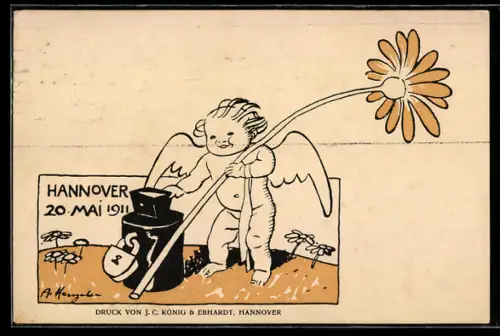 Künstler-AK Hannover, Blumentag 20.05.1911, Engelchen mit Spendenbüchse und Blume