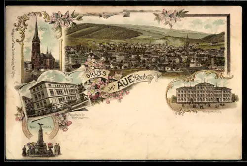 Lithographie Aue i. Erzgeb., Fachschule für Blechindustrie, Bürgerschule, Kirche