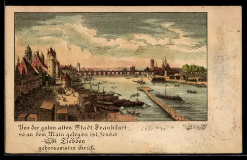 AK Alt-Frankfurt, Uferpartie mit angelegten Booten und Blick auf Brücke