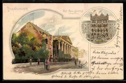 Lithographie Hannover, Leinstrasse mit Kgl. Res. Schloss, Schmiedestrasse mit Strassenbahn