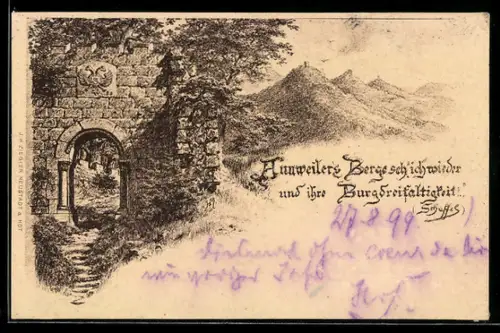 Lithographie Annweiler, Tor mit Bergen