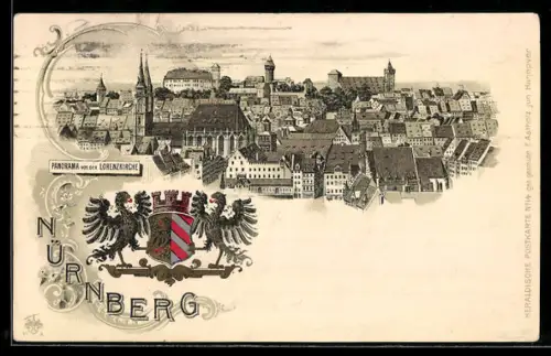 Lithographie Nürnberg, Panorama von der Lorenzkirche und Wappen