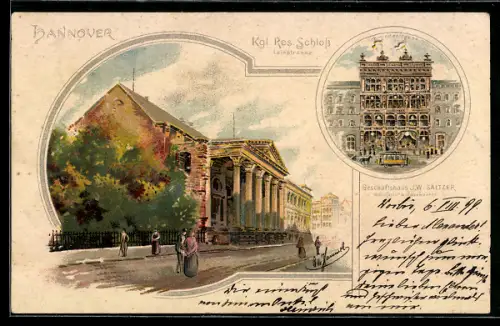 Lithographie Hannover, Leinstrasse mit Kgl. Res. Schloss, Schmiedestrasse mit Strassenbahn