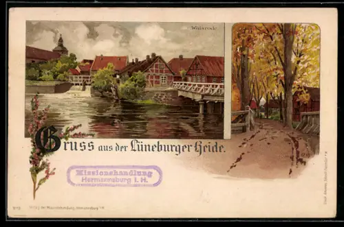 Lithographie Walsrode, Ortsansicht und Strassenpartie