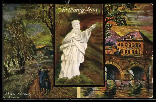 Künstler-AK Jena, Erlkönig, Goethehaus und Brücke mit Reiter