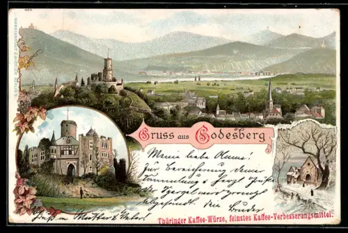 Lithographie Godesberg, Panorama und Winterpartie