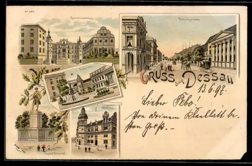 Lithographie Dessau, Residenzschloss, Rathaus, Kavalierstrasse