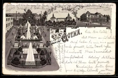 Lithographie Gotha, Schlossberg, Schloss Friedenstein, Landgerichtsgebäude