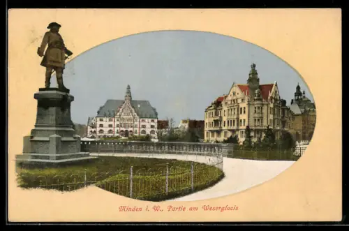 AK Minden i. W., Partie am Weserglacis mit Denkmal