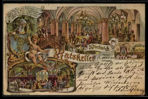 Künstler-AK Wiesbaden, Gasthaus Ratskeller, Innenansichten
