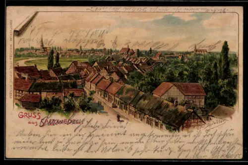 Künstler-AK Erwin Spindler: Salzwedel, Teilansicht mit Strassenpartie