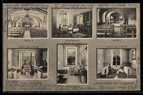 AK Lippspringe, Volks-Heilstätte Auguste Viktoria-Stift, Innenansichten, Kapelle II, Schreibzimmer & Zimmer mit 2 Betten