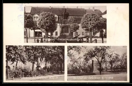 AK Schildau, Gneisenaudenkmal, Denkmal der Gefallenen 1870-71